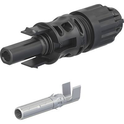 Black plastic connector with silver metal pin, commonly used in electrical installations.
