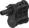 A black plastic component with a cylindrical extension and textured surfaces, used in technical applications.