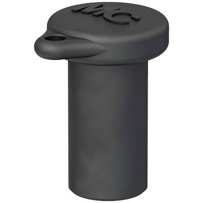 Dark plastic lid with a handle and a stylised logo or text on the top surface. Potentially suitable for containers.