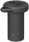 Dark plastic lid with a handle and a stylised logo or text on the top surface. Potentially suitable for containers.