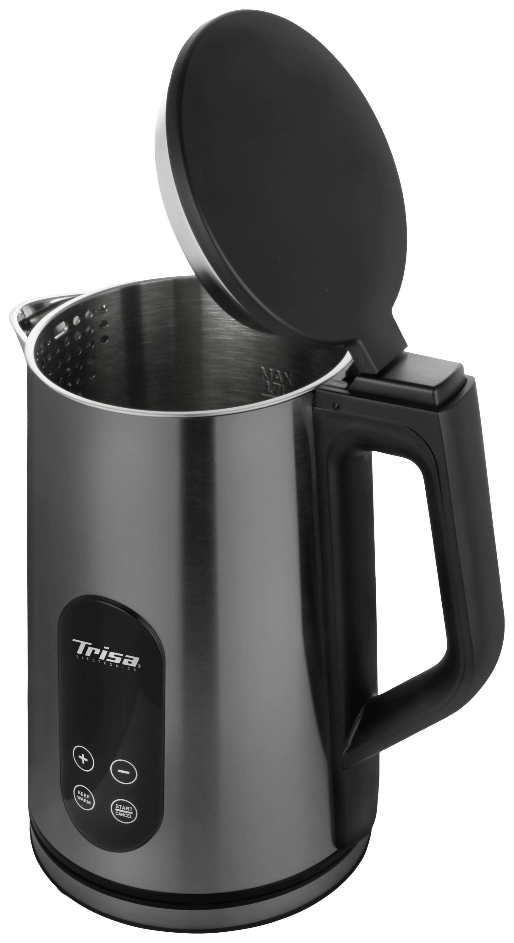 Stainless steel electric kettle with an open lid and digital display for temperature control.