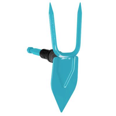 Blue gardening tool with a spade and two prongs. Handle black with blue trim. Primarily used for planting.