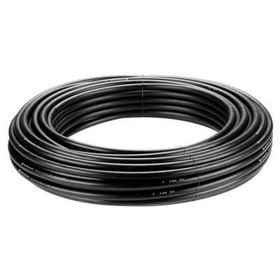 A large coiled roll of black irrigation tubing, approximately 250 feet in length, suitable for garden or lawn water distribution.