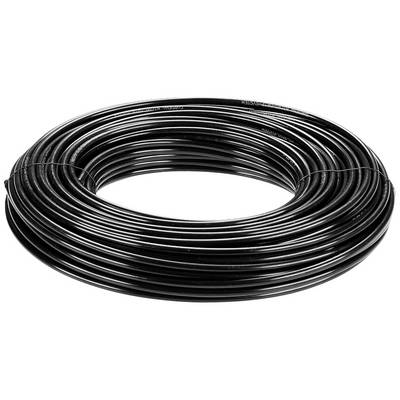 A large roll of black cable, tightly coiled. Suitable for electrical or technical applications.