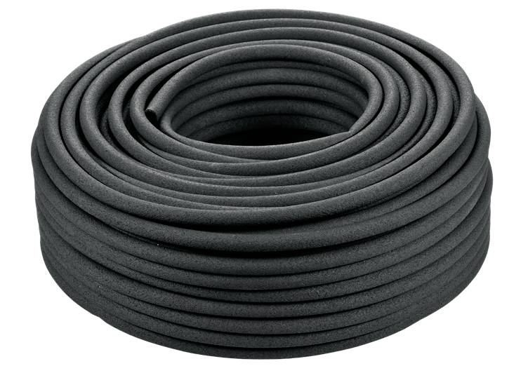 A large black hose is coiled in a circular shape. It appears flexible and could be used for gardening or watering purposes.