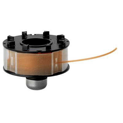 A black plastic spool with red thread, used for automatically trimming grass edges.