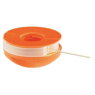 A round, orange dental floss container with a transparent lid, with a piece of dental floss protruding from it.