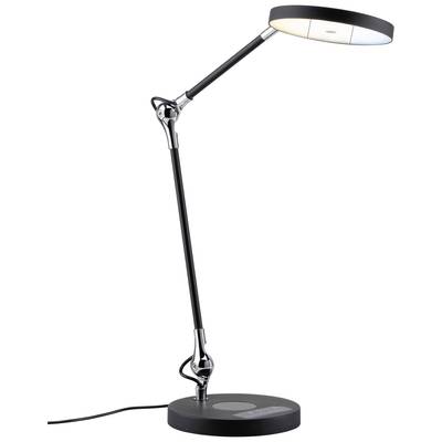 'Modern black desk lamp with adjustable arm and round lampshade, standing on a round base with power cable.'