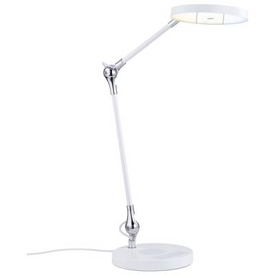 White modern desk lamp with adjustable arm and round light head on a stable base. Perfect for desks.