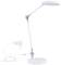 White desk lamp with a long, adjustable arm and round lampshade, alongside a power adapter with cable. Ideal for desk work.