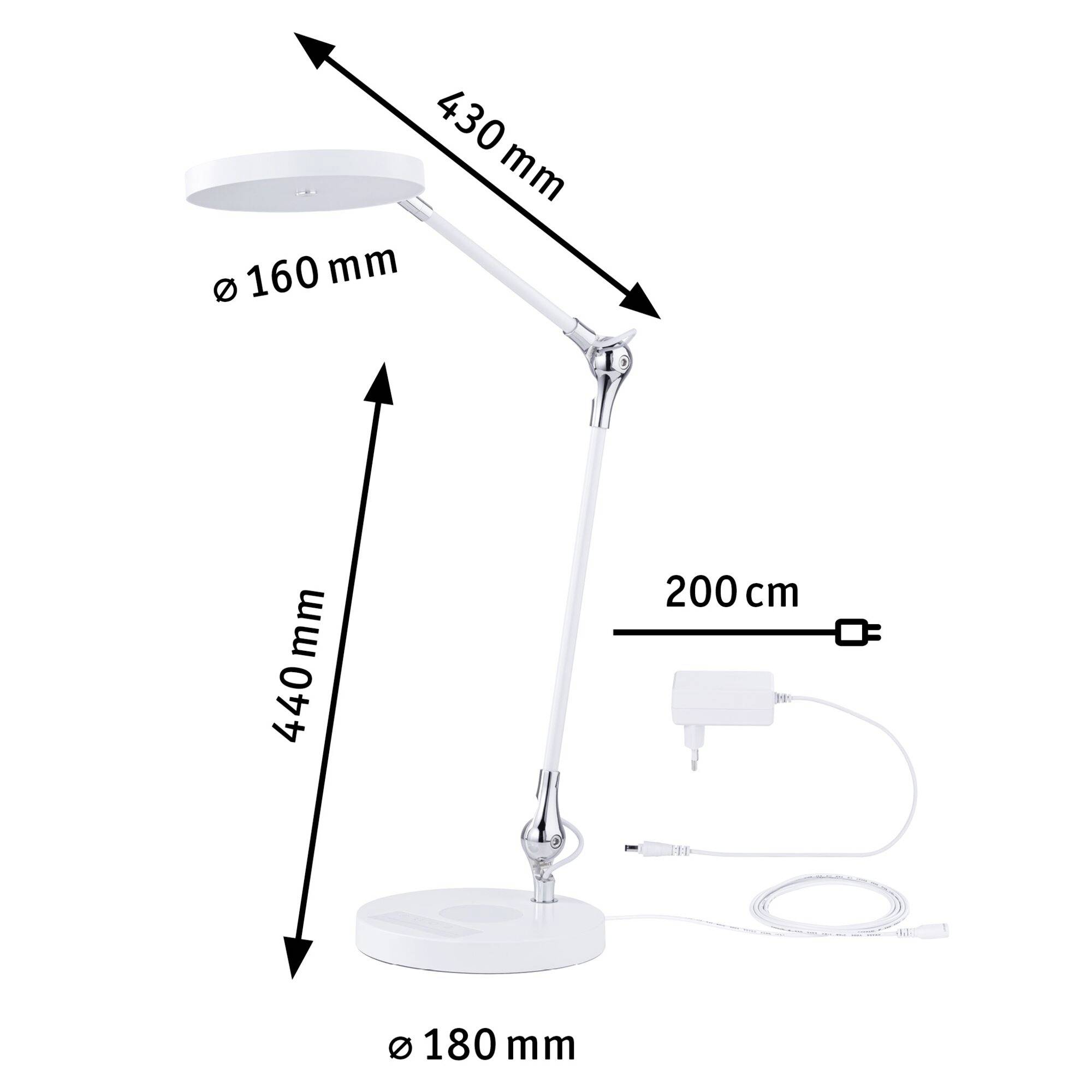 'White desk lamp, height-adjustable with dimensions: 160 mm lamp width, 430 mm arm length, 440 mm stand height. Base diameter 180 mm. Power cable 200 cm.'
