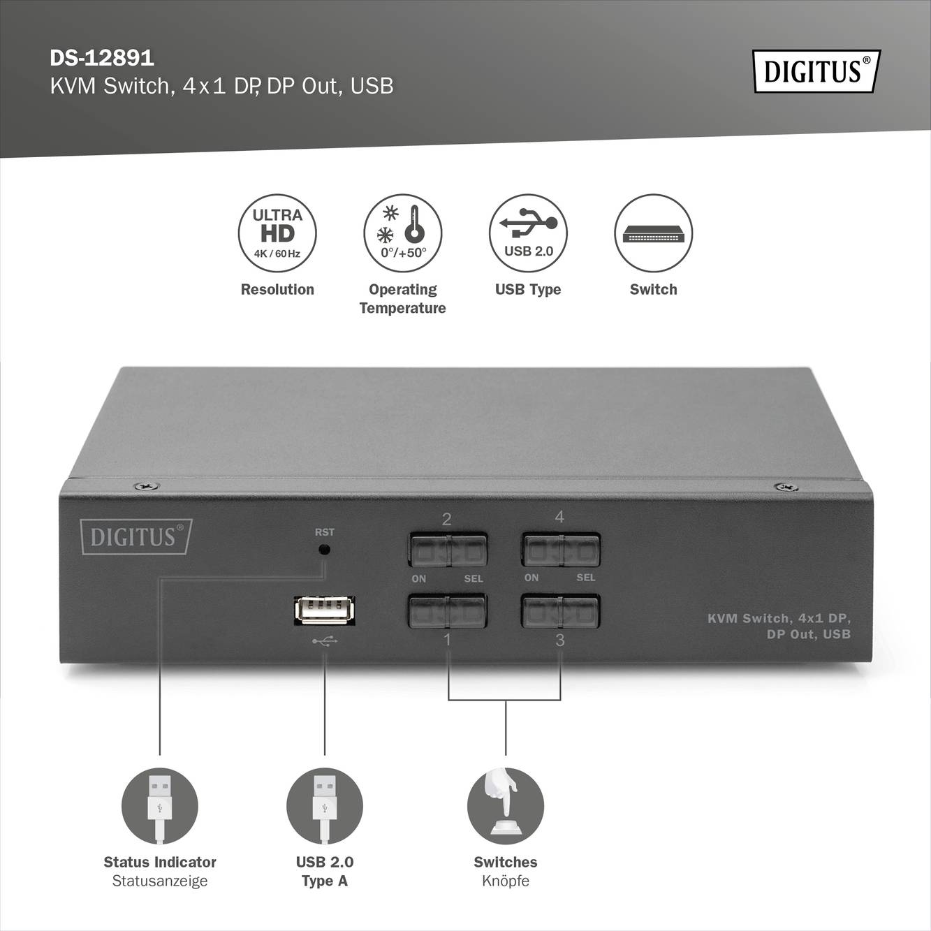'KVM Switch, 4x1 DisplayPort, DisplayPort Out, USB by DIGITUS. Four USB buttons for control, one USB 2.0 port. Suitable for Ultra HD.'