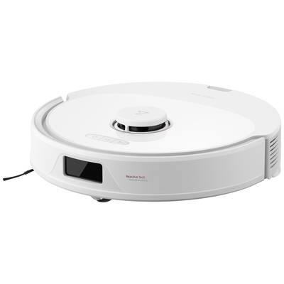 A white robotic vacuum cleaner with a round shape and a centrally positioned sensor. Labelled 'Reactive Tech'. Used for floor cleaning.