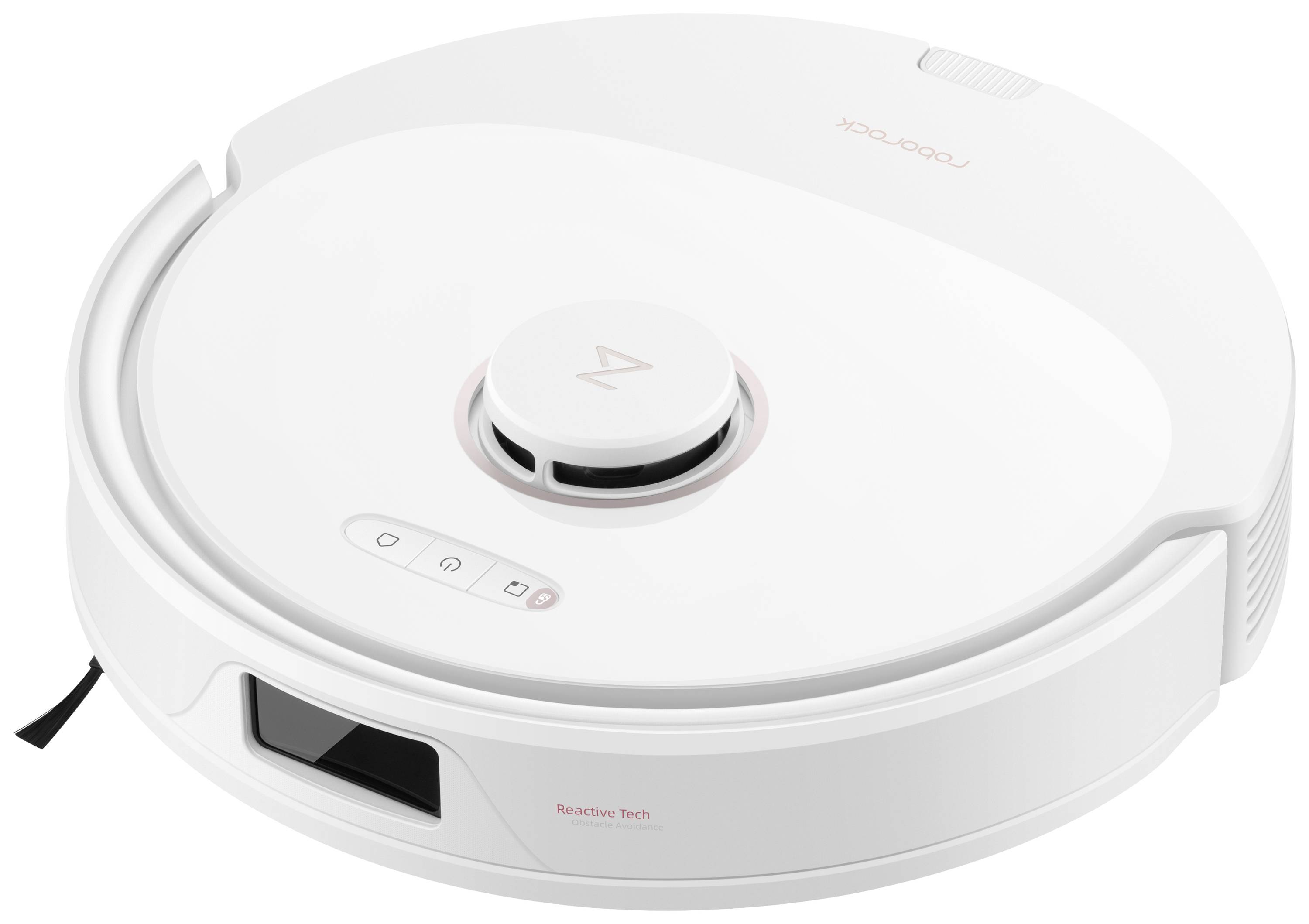 A white robotic vacuum cleaner with a round shape. It has a compact design with sensors on top and is equipped with control buttons on its surface.
