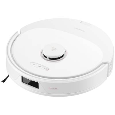 A white robotic vacuum cleaner with a round shape. It has a compact design with sensors on top and is equipped with control buttons on its surface.