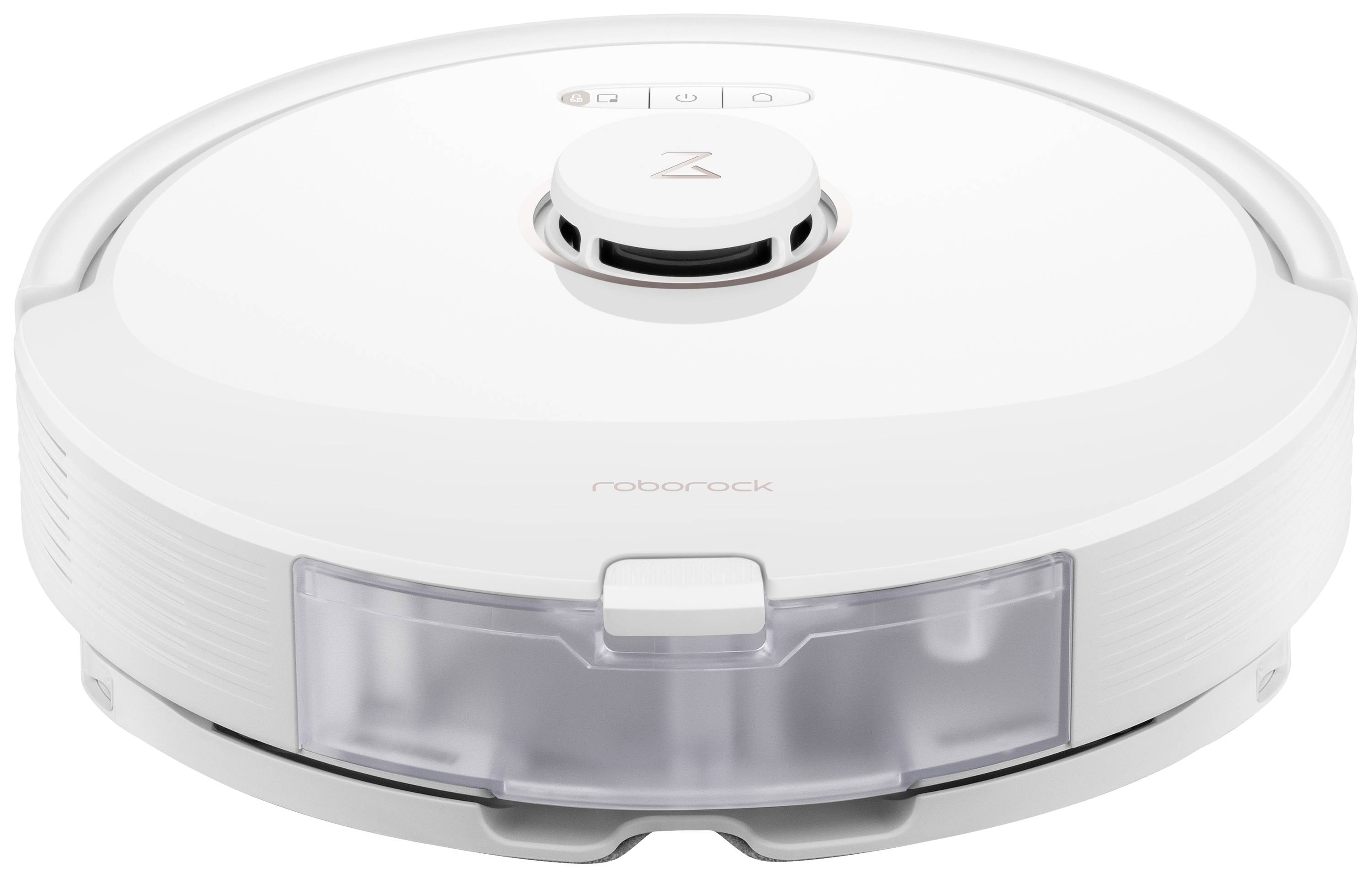 A white round robot vacuum with a view of the top surface and dust container, suitable for automatic floor cleaning.