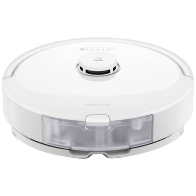 A white round robot vacuum with a view of the top surface and dust container, suitable for automatic floor cleaning.
