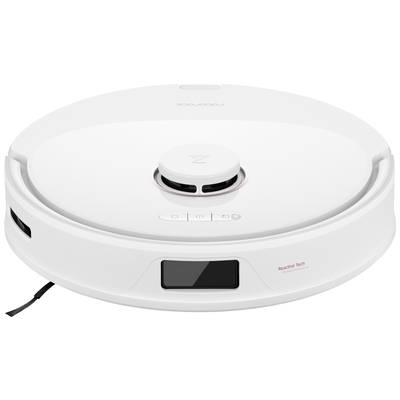 A round, modern white robotic vacuum cleaner with sensors on the top surface and a black window mounted at the front for navigation.