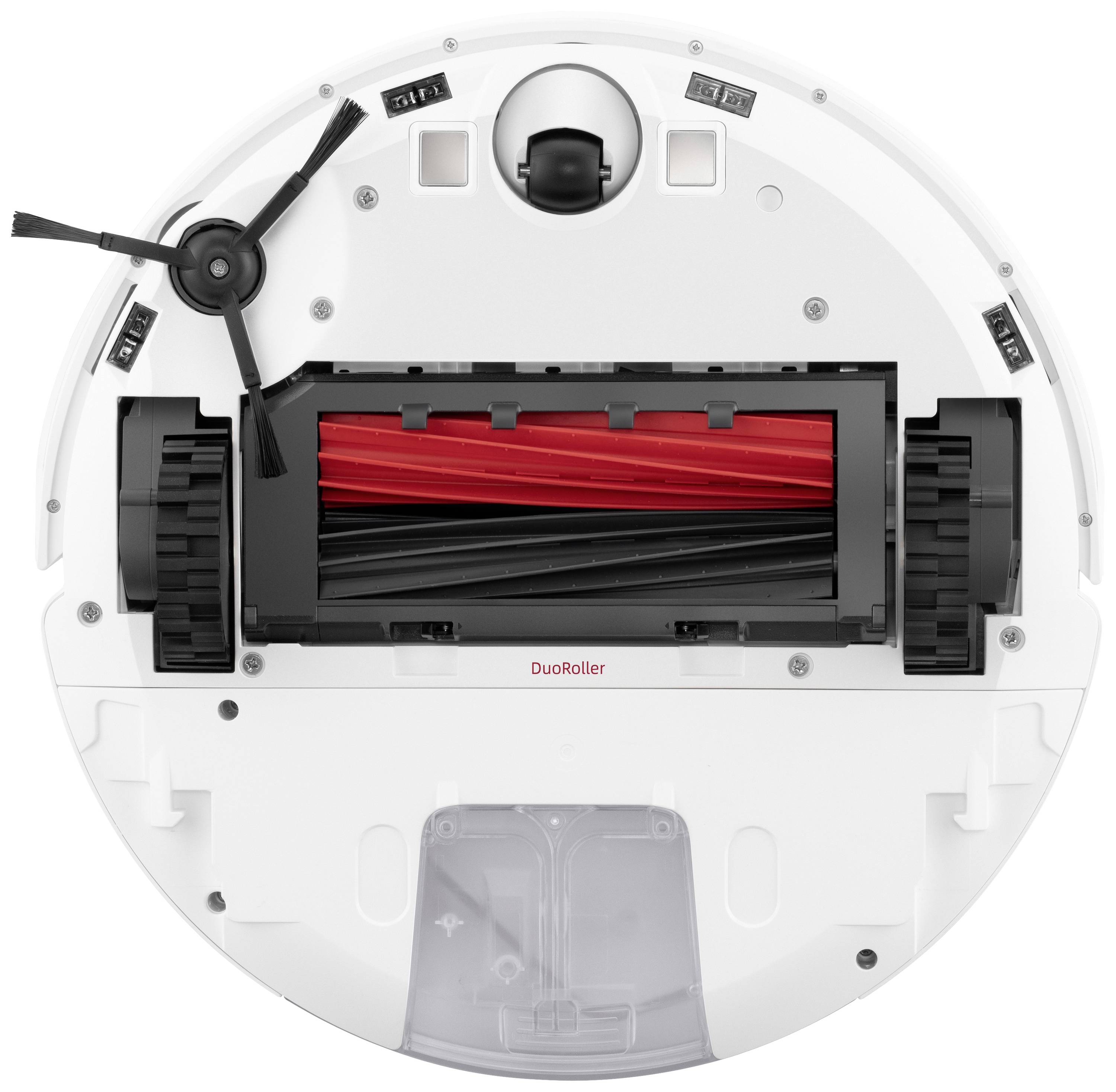 A round, white robot vacuum viewed from underneath, showing the red and black roller brush and side brush, labelled 'DuoRoller'.