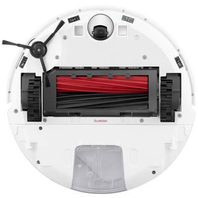 A round, white robot vacuum viewed from underneath, showing the red and black roller brush and side brush, labelled 'DuoRoller'.