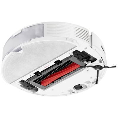 A vacuum cleaner robot from below, showing brushes and sensors.
