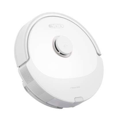 A white, round robotic vacuum cleaner with a smooth surface. Control buttons are visible on top. Modern, minimalist design.