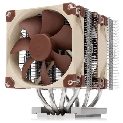 A large CPU cooler with two fans and numerous cooling fins. The construction is predominantly made of metal and plastic.