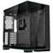 Black PC case with a transparent side window, revealing the interior with mounting spaces for components.