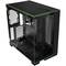 Black PC case with transparent side panels, showing empty interior with space for components, six PCIe slots and power supply area.
