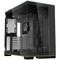 Transparent computer case without components, showing slots for fans, drives and other hardware, with a glass door.