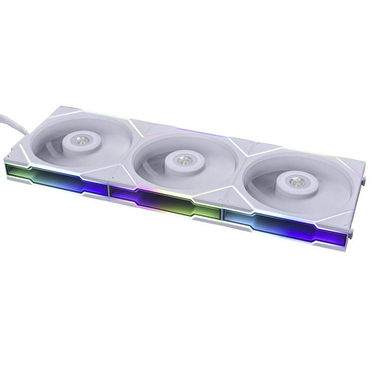 Three white computer fans positioned side by side, with colourful RGB lighting effects on the sides, used for cooling PC components.