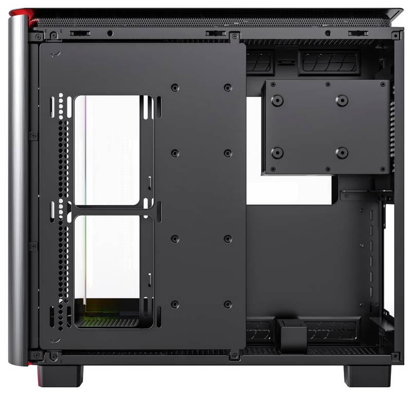 Black computer case with an open side panel, revealing the interior with mounting spaces for hardware components and cable routing.