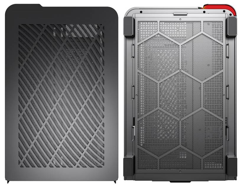 Two computer cases: on the left with diagonal grid ventilation, on the right with a hexagonal grid pattern. Both showing the rear view.