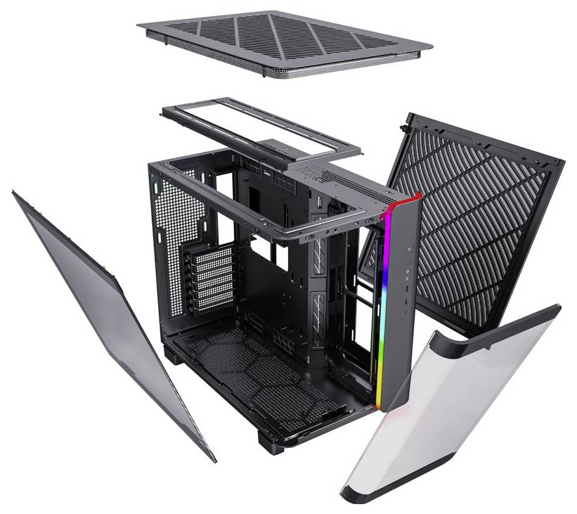 Exploded view of a computer case with removable side and top panels, revealing the interior and RGB lighting elements.