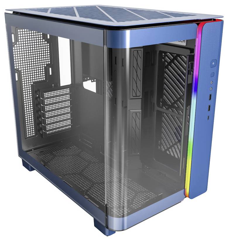 A blue-framed, empty computer case with glass panels and RGB lighting on the front, suitable for modern PC builds.