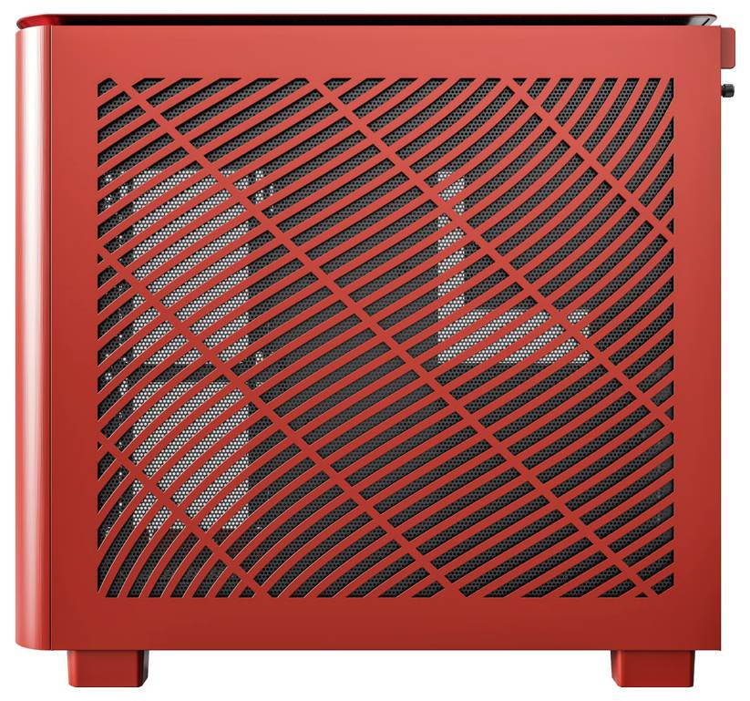 A red computer case with a diagonal mesh pattern and visible internal hardware.
