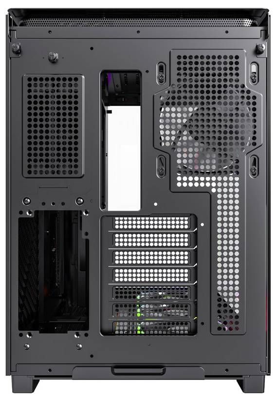 Rear view of an open computer case with multiple ventilation openings, a large fan, and slots for expansion cards.