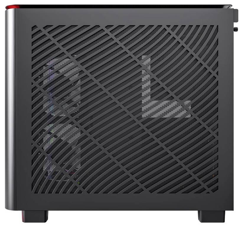 A black computer case with a side mesh pattern and visible internal components.