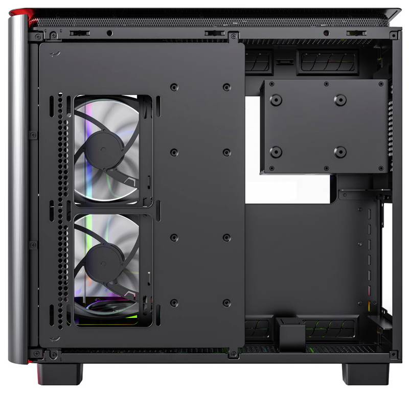 Black computer case with an open side panel, two visible fans with RGB lighting and mounting brackets for additional hardware.