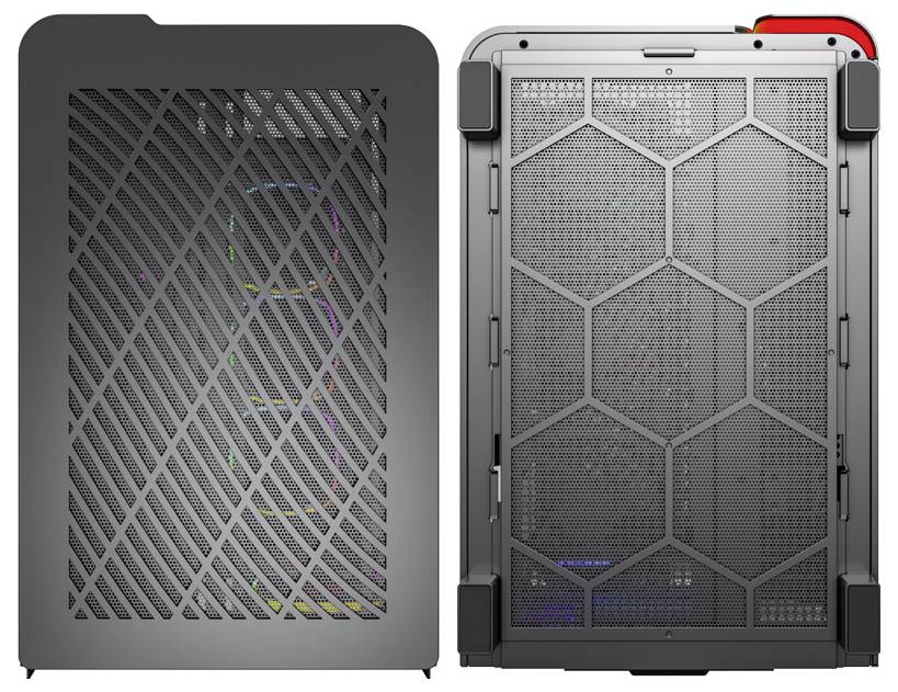 Two computer cases with mesh frontages: Left with a diagonal grid, right with a hexagonal pattern. Both display internal lighting.