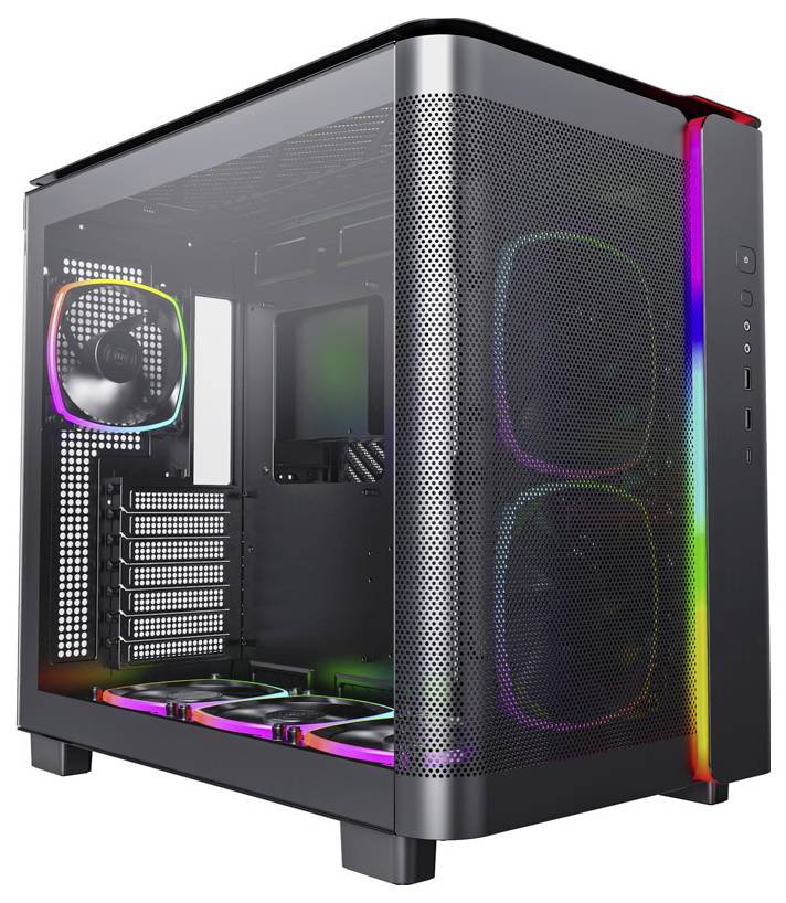 A black computer case with a transparent side panel and RGB lighting. Fans and connectors are visible.