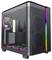 A black computer case with a transparent side panel and RGB lighting. Fans and connectors are visible.