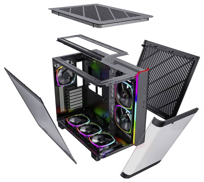 Exploded view of a computer case with removable side panels, displaying four fans with RGB lighting.