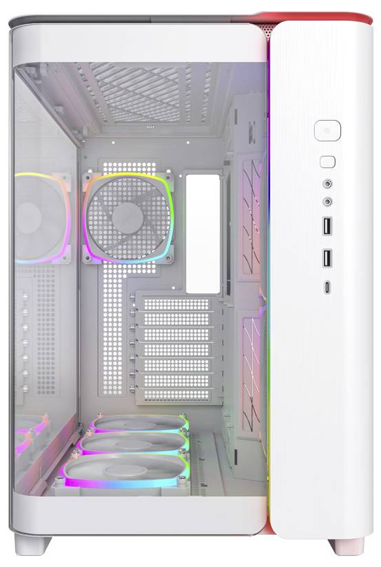 A white computer tower chassis with a transparent side panel, RGB fans, and multiple USB ports on the front.