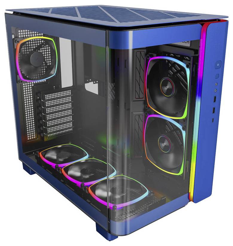A computer case with a glass front displays three large fans with RGB lighting. Ideal for gaming PCs with cooling functions.