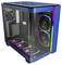 A computer case with a glass front displays three large fans with RGB lighting. Ideal for gaming PCs with cooling functions.