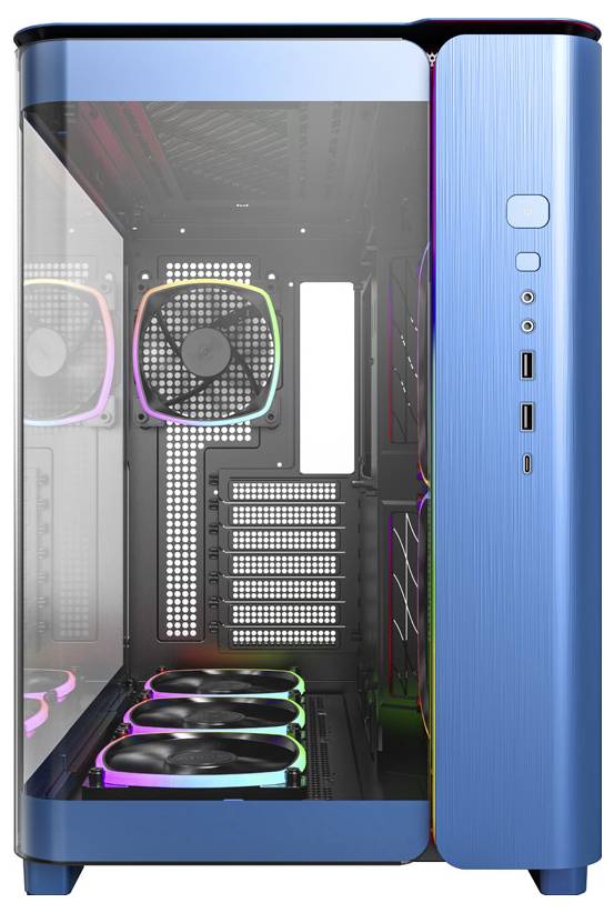 A blue computer case with a glass window, displaying three fans with RGB lighting and multiple slots for PC components.