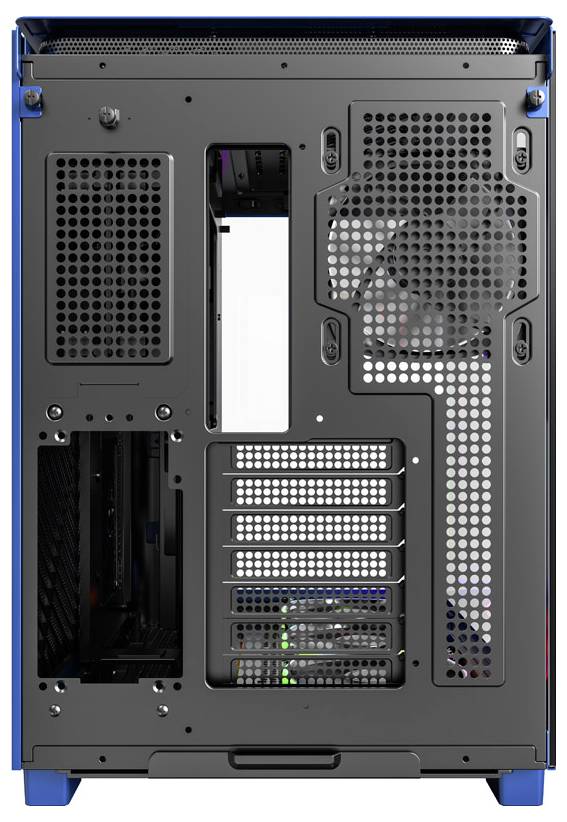 Computer case rear view: Shows ventilation grilles, expansion slots, and fan opening.