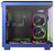 Blue computer case with a transparent side panel, revealing colourful RGB fans and an internal layout of PC components.