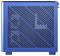 Blue computer case with a side mesh pattern; Internal components partially visible through the grill openings.